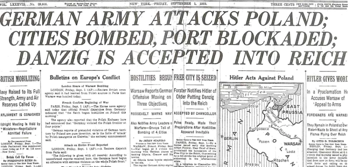 Prima pagină a publicaţiei „The New York Times”, ediţia din 1 septembrie 1939