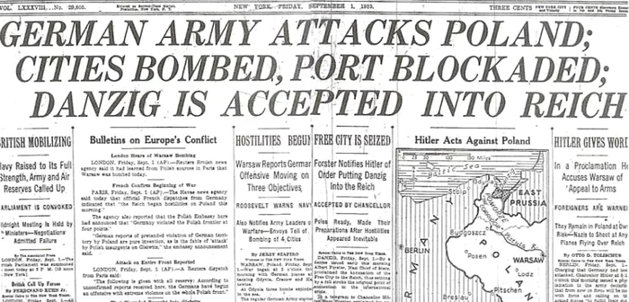 Prima pagină a publicaţiei „The New York Times”, ediţia din 1 septembrie 1939