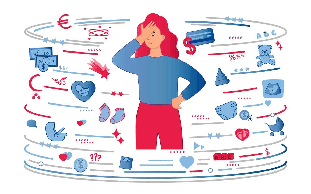 Ilustrație cu o femeie copleșită de simboluri legate de maternitate și sănătate reproductiv