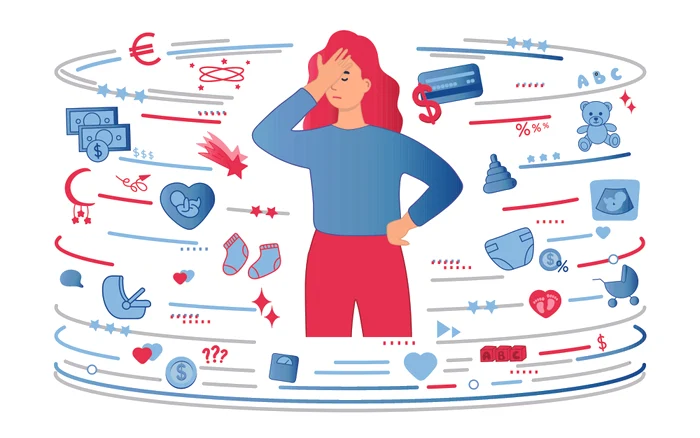 Ilustrație cu o femeie copleșită de simboluri legate de maternitate și sănătate reproductiv