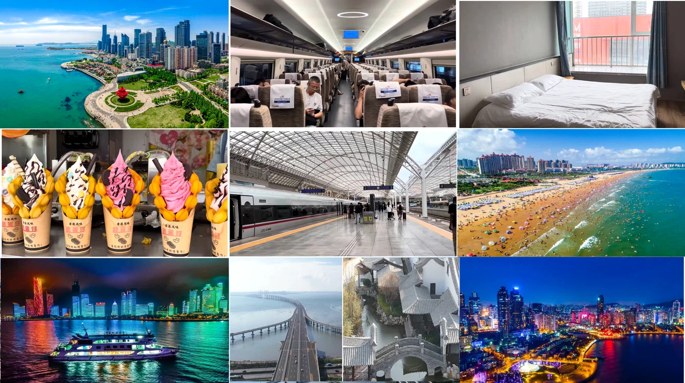 Qingdao oraș portuar din Peninsula Shandong China Colaj Kara și Qingadao City FB