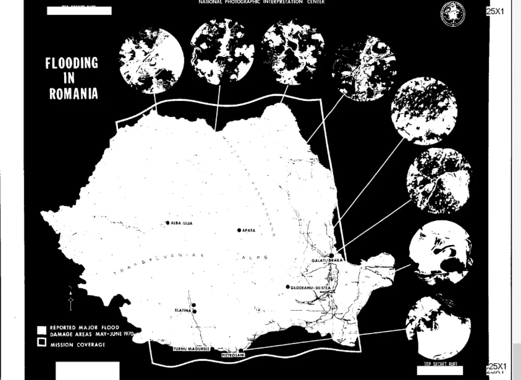 Harta cu principalele zone afectate de inundaţii ilustrată cu fotografii din satelit