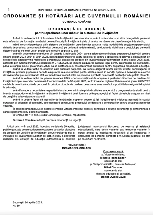 Ordonanta de urgenta pentru deblocarea posturilor din educatie