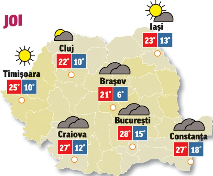În partea de sud a teritoriului vom avea vreme închisă cu nori și precipitații
