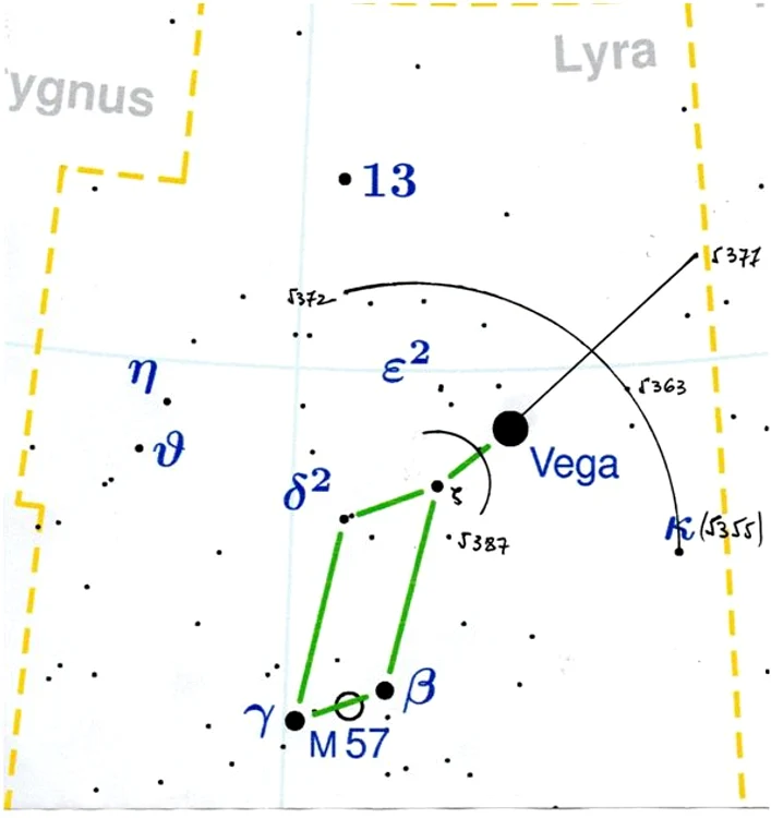  Fig. 7. Simbolul din partea inferioară a hieroglifei 2. Reprezentare în constelația Lira. 
Notă. Steaua 5387 (BSC 7043) are magnitudinea 6, 01 și este vizibilă cu ochiul liber,  chiar dacă depășește cu 0, 01 limita de vizibilitate convențională.
Fig.7. Representation of the symbol in the lower part of hieroglyph no. 2 in Lyra constellation.
Remark: Star 5387 (BSC 7043) has a magnitude of 6.01. It is visible with the naked eye,  although it is .01 higher than the conventional visibility limit. 

