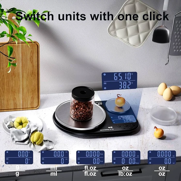 Cântar de bucătărie cu două talere și afișare pentru grame, mililitri și uncii Foto Amazon.com