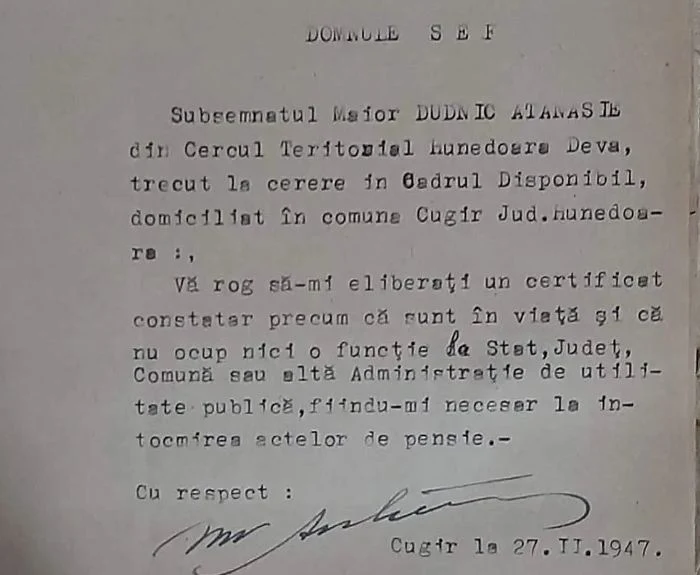 Adresa majorului de jandarmi din Cugir FOTO Arhivele Naționale Alba