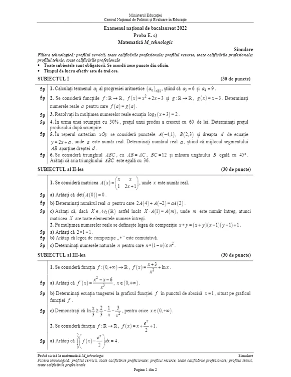 Subiectele la profilul Tehnologic