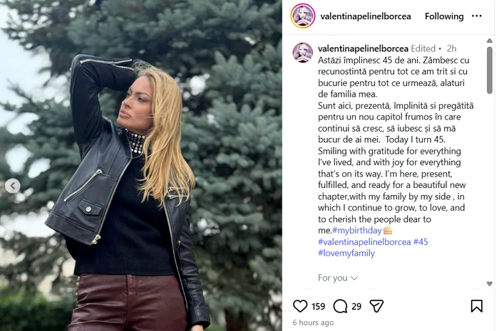 Valentina Pelinel a împlinit 45 de ani - Foto: Instagram 