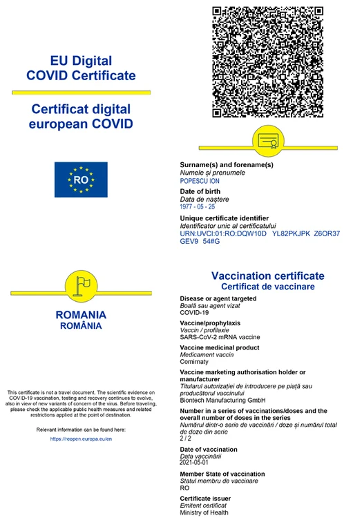 
    Așa arată certificatul digital COVID-19. Îl poți avea în format digital sau tipărit  