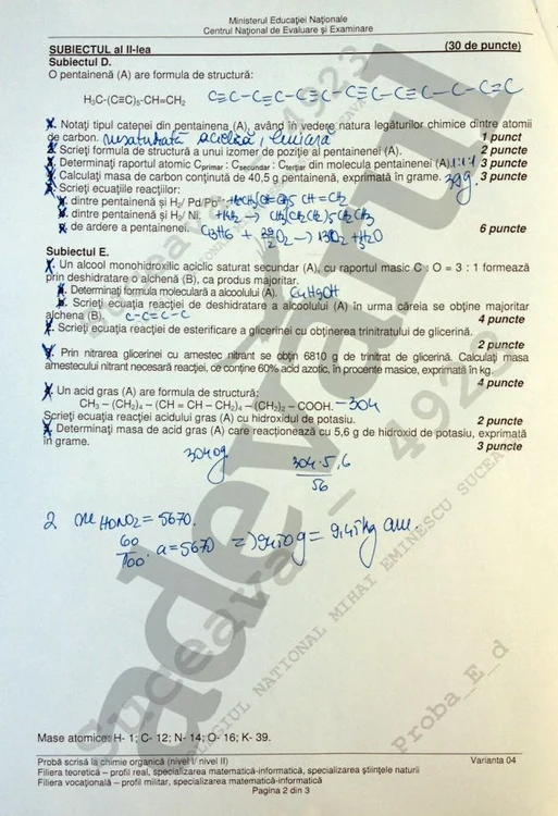 Subiectele la Chimie organică - Bac 2014
