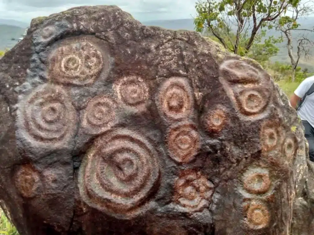 A close up view of ancient petroglyphs etched into rock jpeg webp
