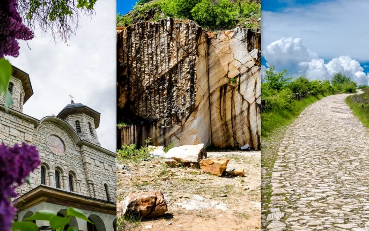 Biserica de marmură, cariera de marmură şi drumul de marmură din Alun. Colaj. Fotografii: Florin Apur.