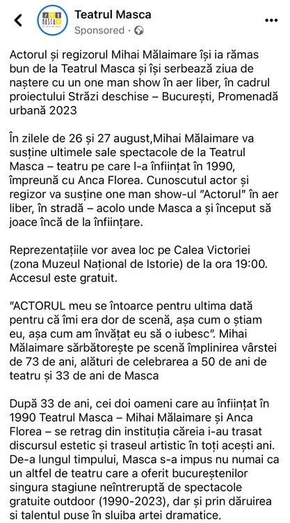 Postarea paginii de Facebook a Teatrului Masca