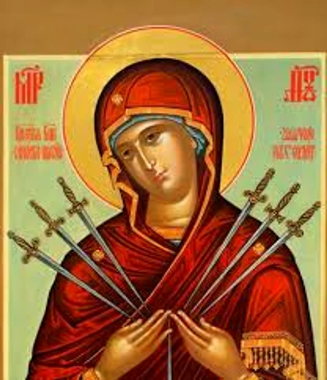 Icoana Maicii Domnului străpunsă de șapte săgeți aduce ajutor grabnic celor care trec prin mari suferințe Sursa foto: Doxologia.ro