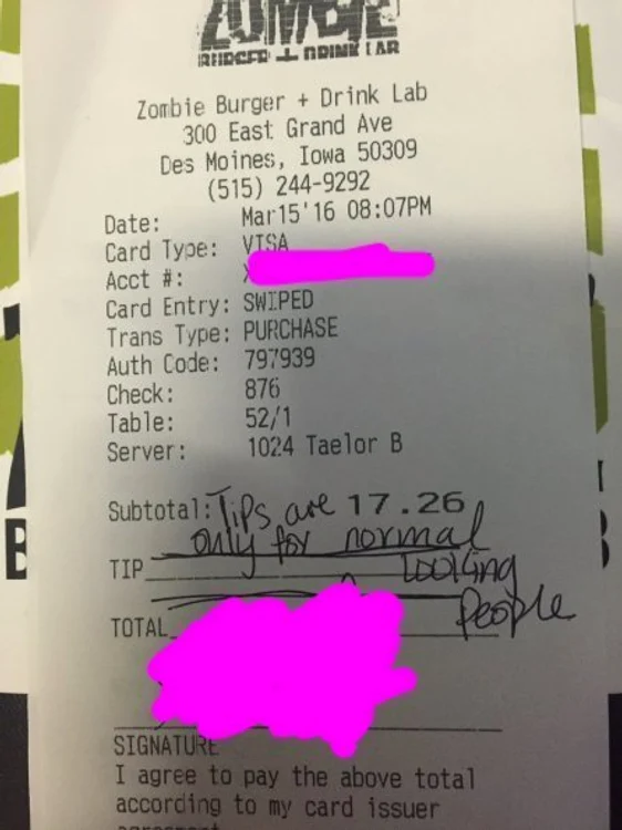 Clientul intolerant și-a motivat decizia pe bonul de plată