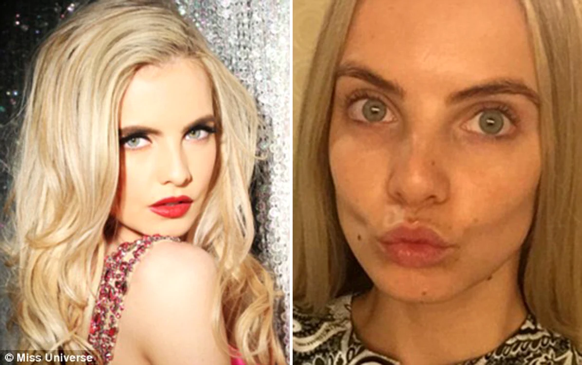 
    Miss Irlanda, Joanna Cooper (21 de ani), pare o femeie diferită fără machiajul care o face strălucitoareFoto: Miss Universe/arhiva personală  