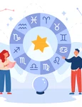Tiny characters with symbols of zodiac signs and magic ball jpg