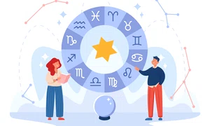 Tiny characters with symbols of zodiac signs and magic ball jpg