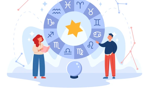 Tiny characters with symbols of zodiac signs and magic ball jpg