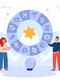Tiny characters with symbols of zodiac signs and magic ball jpg