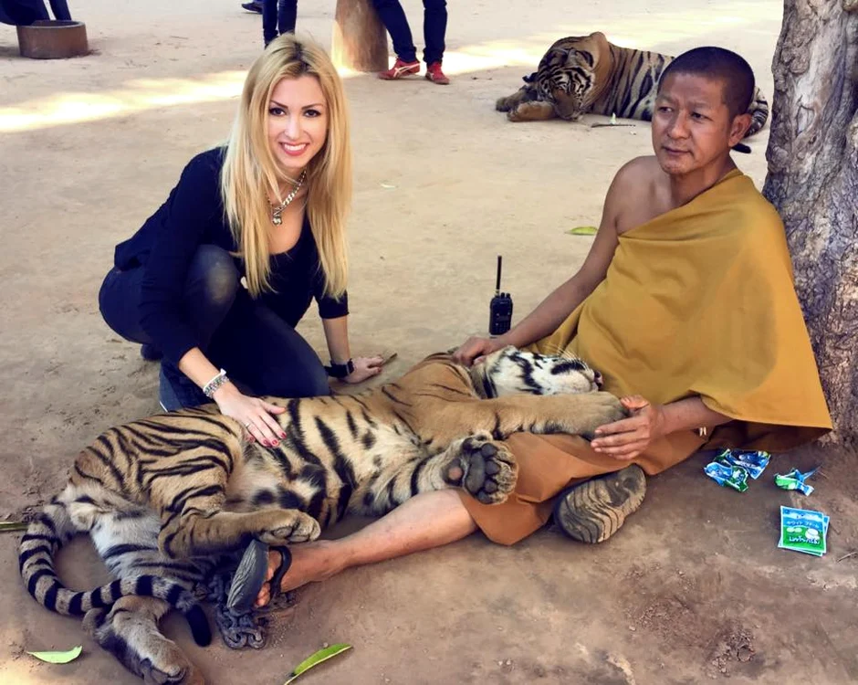 Andreea Bălan a vizitat "Templul tigrilor" din Asia, unde a s-a fotografiat cu mai multe exemplareFoto: arhivă personală