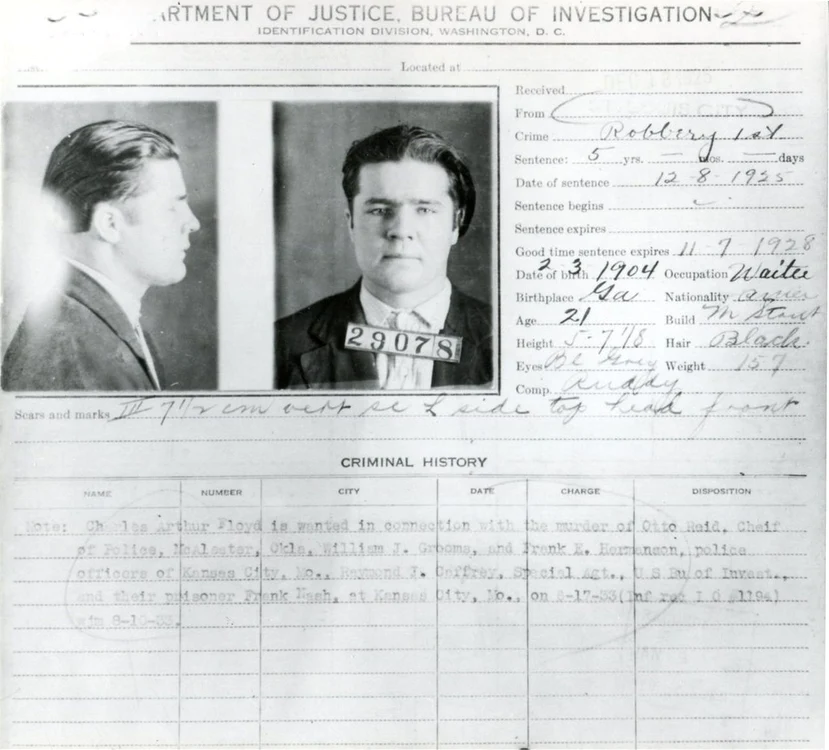 Cazierul lui Charles „Pretty Boy” Floyd, în 1928