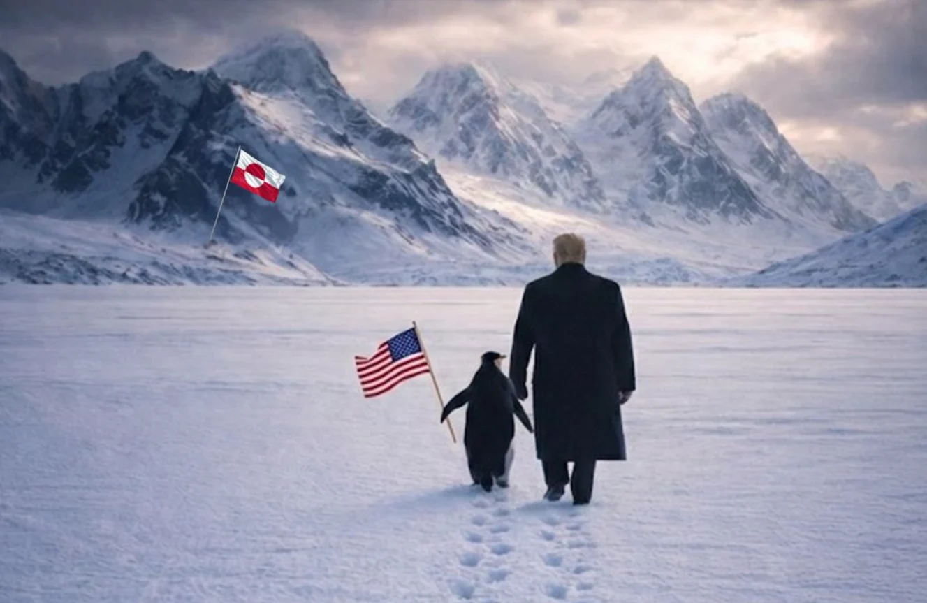 Casa Albă, ironizată din cauza unei imagini generate de AI, în care Trump merge de mână cu un pinguin: „Personalul său confundă Antarctica cu Groenlanda”