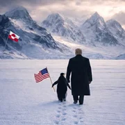 Casa Albă a publicat o imagine generată cu AI în care Trump apare mergând printr-un peisaj înghețat alături de un pinguin care ține steagul SUA, îndreptându-se spre munți pe care flutură drapelul Groenlandei. FOTO: X/@WhiteHouse