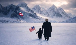 Casa Albă a publicat o imagine generată cu AI în care Trump apare mergând printr-un peisaj înghețat alături de un pinguin care ține steagul SUA, îndreptându-se spre munți pe care flutură drapelul Groenlandei. FOTO: X/@WhiteHouse