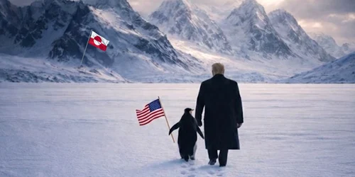 Casa Albă a publicat o imagine generată cu AI în care Trump apare mergând printr-un peisaj înghețat alături de un pinguin care ține steagul SUA, îndreptându-se spre munți pe care flutură drapelul Groenlandei. FOTO: X/@WhiteHouse