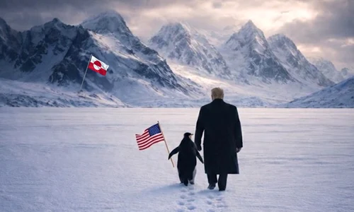 Casa Albă a publicat o imagine generată cu AI în care Trump apare mergând printr-un peisaj înghețat alături de un pinguin care ține steagul SUA, îndreptându-se spre munți pe care flutură drapelul Groenlandei. FOTO: X/@WhiteHouse