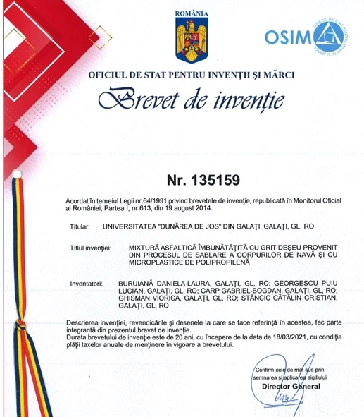 Brevetul de invenție emis de OSIM FOTO: profesor Daniela Buruiană/UDJ Galați