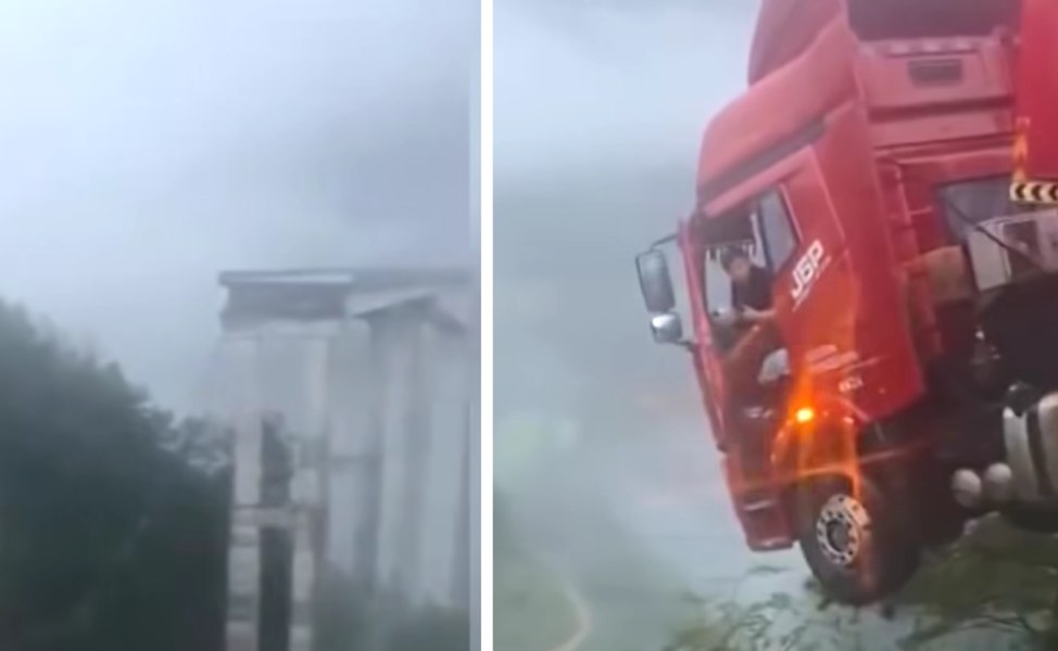 La un pas de tragedie: momentul în care un camion rămâne suspendat deasupra prăpastiei, după inundațiile din China