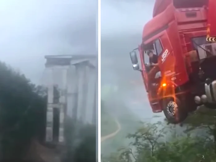 VIDEO La un pas de tragedie: momentul în care un camion rămâne suspendat deasupra prăpastiei, după inundațiile din China