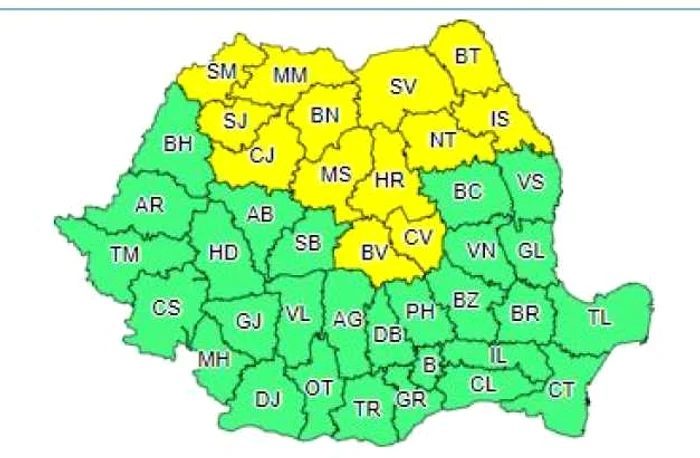 Va ploua pe arii extinse în nordul și centrul țării. Vor fi intensificări ale vântului, descărcări electrice și vijelii