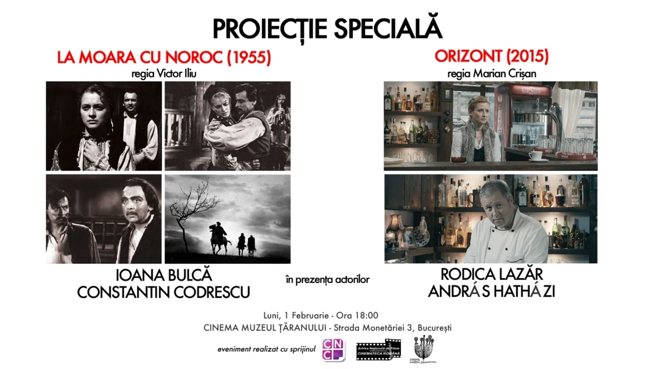 Afişul
manifestării de la Muzeul Ţăranului Român, cu imagini din cele două filme
proiectate