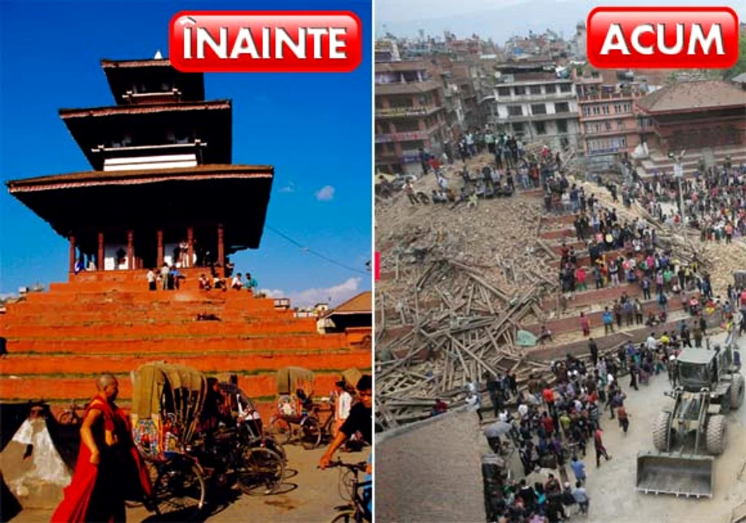 Piaţa Durbar din Kathmandu, în noiembrie 2013 şi după cutremur