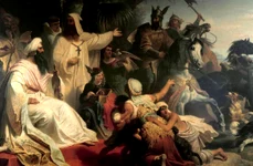 Califul Harun al Rashid primește o solie de la Carol cel Mare, la curtea sa din Bagdad, pictură de Julius Köckert (© Wikimedia Commons)
