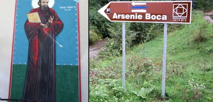 Arsenie Boca, pictat ca sfânt şi indicatorul spre locul naşterii călugărului. FOTO: Daniel Guţă.