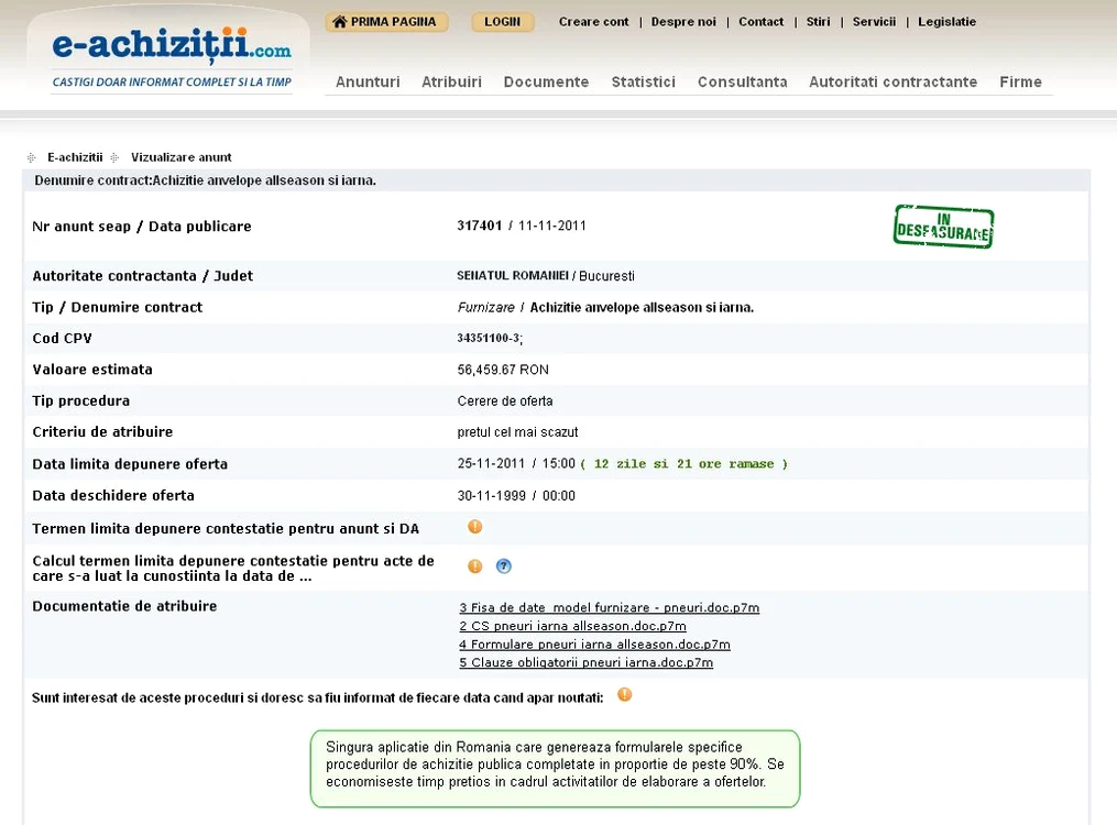 Anuntul prin care Senatul doreşte achiziţionarea anvelopelor de iarnă