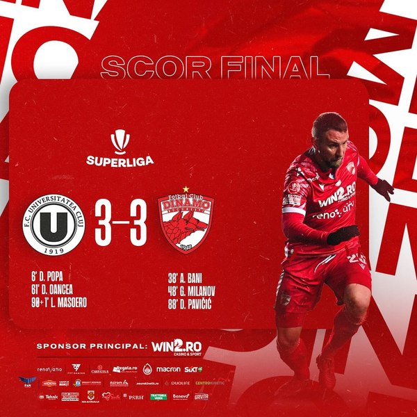 Universitatea Cluj, remiză cu Dinamo (3-3), în penultima etapă din play-out-ul Superligii