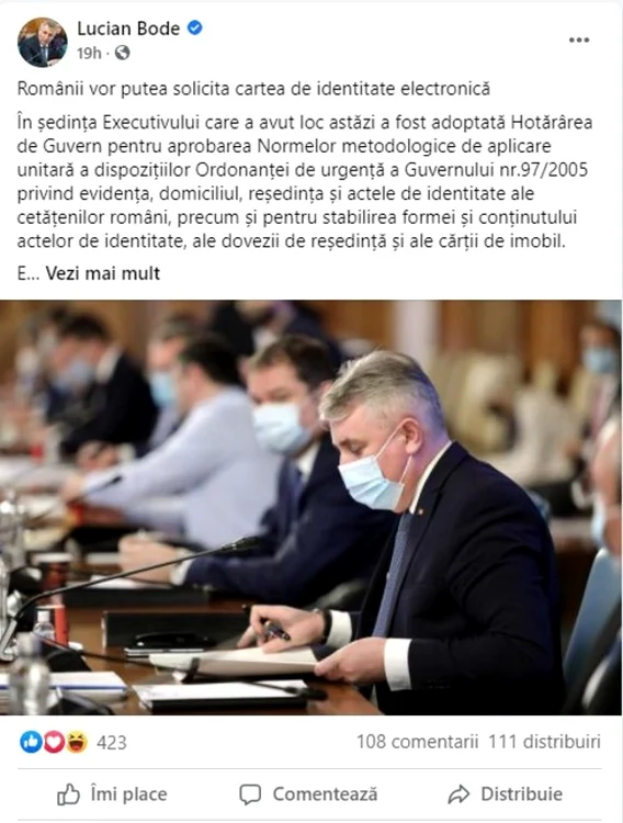
    Lucian Bode a anunțat că noua carte de identitate va putea fi solicitată începând cu luna augustSursa foto: Facebook/Lucian Bode  