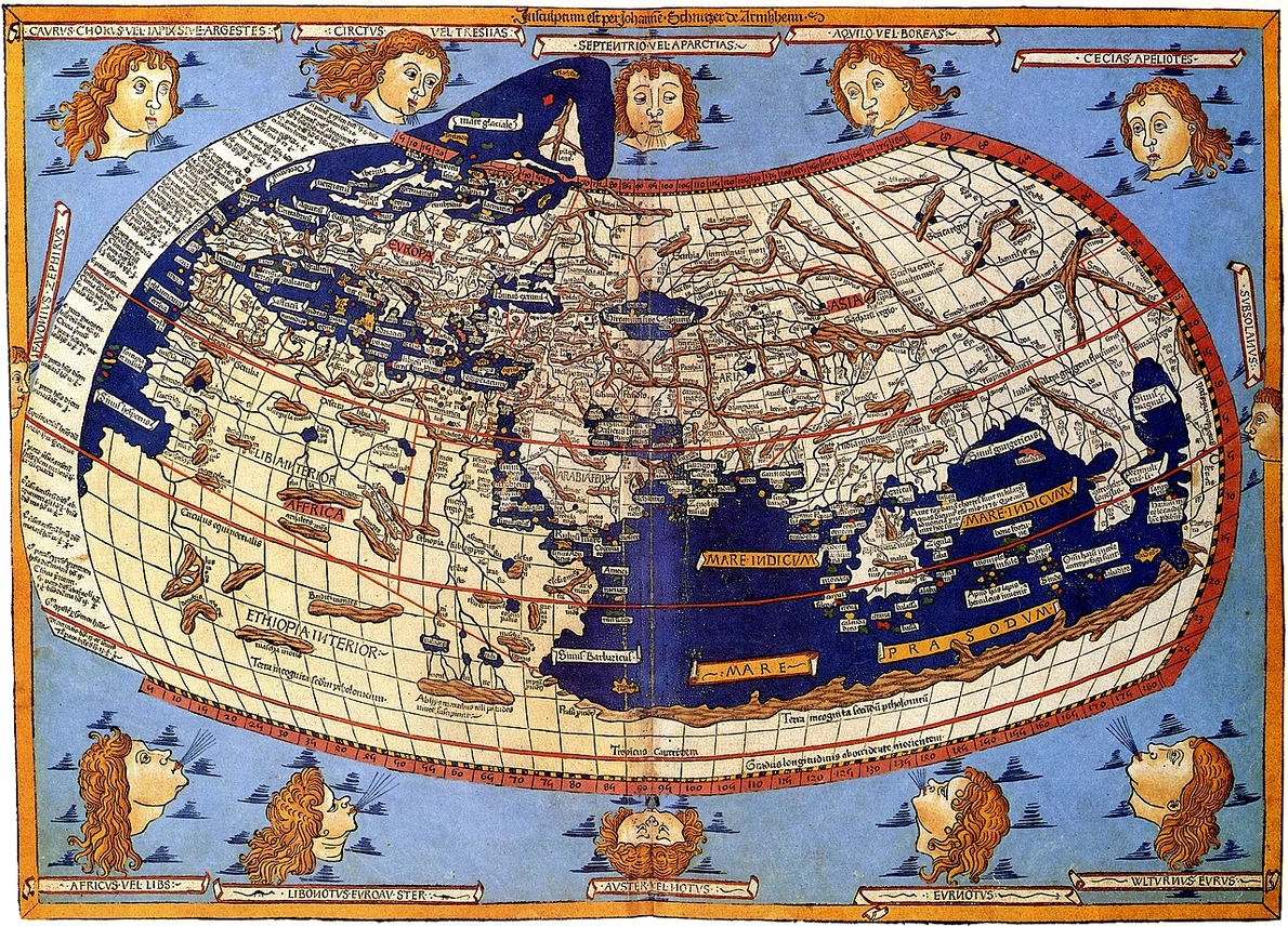 Cosmographia Germanus, hartă din secolul al XV-lea reprezentând lumea cunoscută de Ptolemeu (© Wikimedia Commons)