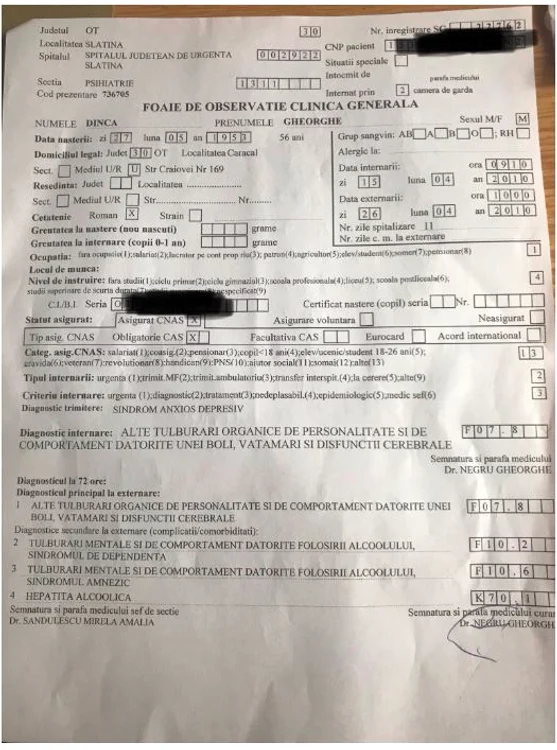 Fişa medicală cu diagnosticele lui Gheorghe Dincă
