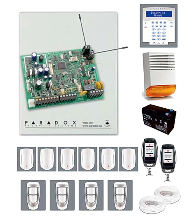 Un sistem format dintr-o centrală de alarmă, o tastatură LCD, 6 detectori de mişcare de interior, 4 detectori de mişcare de exterior, o sirenă de exterior şi 300 m de cablu se vinde la royal-security.ro cu 879 de euro, fără TVA.