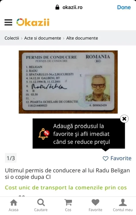 
    Ultimul permis de conducere deținut de Radu Beligan, scos la vânzare  