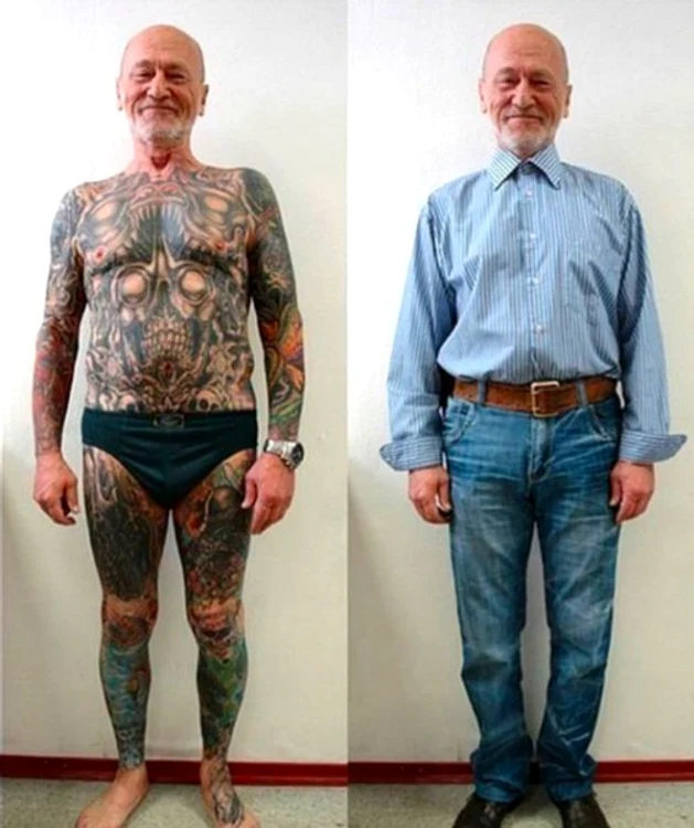 Nimeni nu s-ar fi gândit câte tatuaje ascunde acest bătrânel pe dedesubtul hainelor
