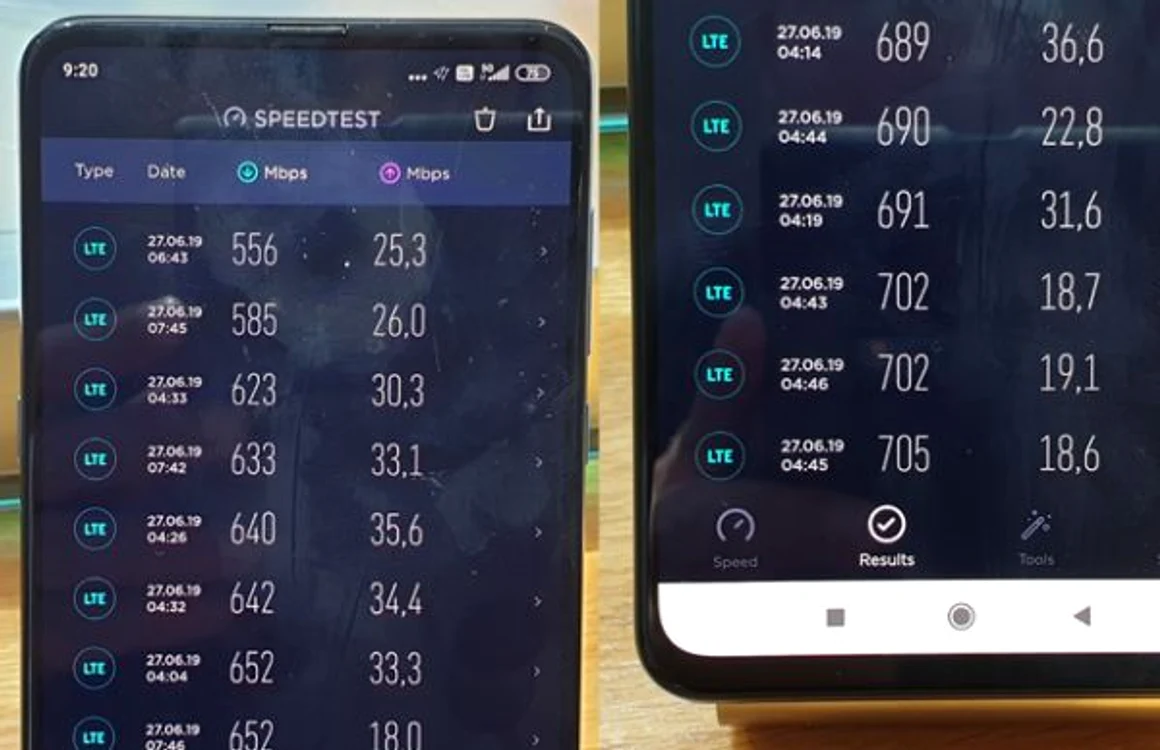 Viteze Digi 5G smart măsurate cu aplicaţia Speedtest pe terminalul Xiaomi Mi Mix 3 5G colaj