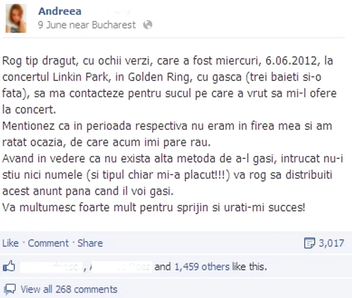 Postarea care i-a adus peste 1.200 de prieteni noi (foto: facebook)